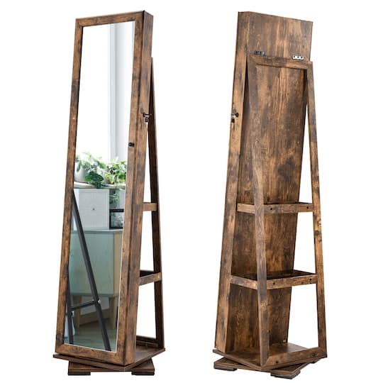 Classic Brown Rotatable 2-in-1 Lockable Jewelry Cabinet